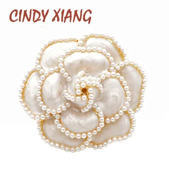 

CINDY XIANG New Arrival Pearl Enamel Camellia Brooches For Women Elegant Flower Pins Fashion Jewelry Coat Accessories Brooch