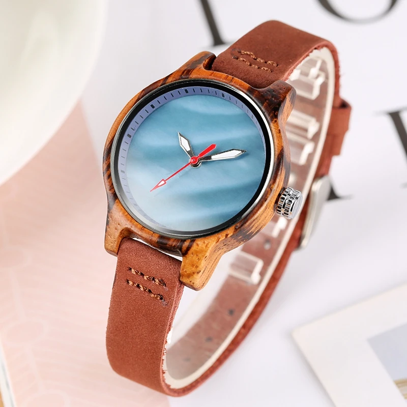 Unique Women Watch Wood Luxury Coral Blue Chic Red Casual Quartz Wooden Clock For Women Genuine Leather Wrist Watch Reloj Mujer 2019 2020 2022 (20)