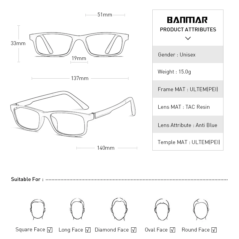BANMAR ULTEM(PEI) Компьютерные очки для чтения, очки, анти-синий светильник, усталость, радиационная оправа, очки Oculos A5503