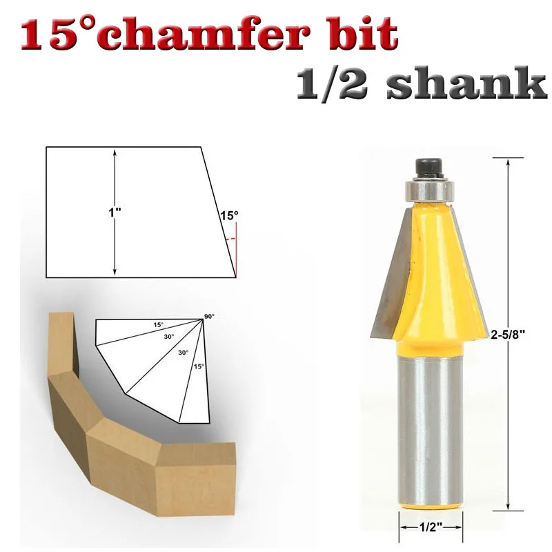 1pc 15 Degree Chamfer & Bevel Edging Router Bit 1/2" Shank woodworking cutter woodworking bits