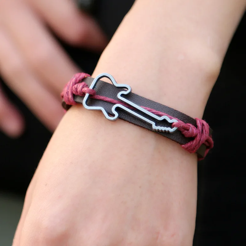 

Music Note Leather Mens Bracelets Hollow Guitar Charm Bracelet For Men Braided Hemp Wristband Couple Male Female Friend Jewelry