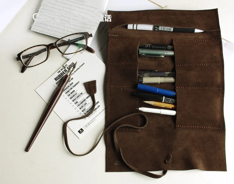 luxury large capacity handmade genuine leather pen pencil bag for 10