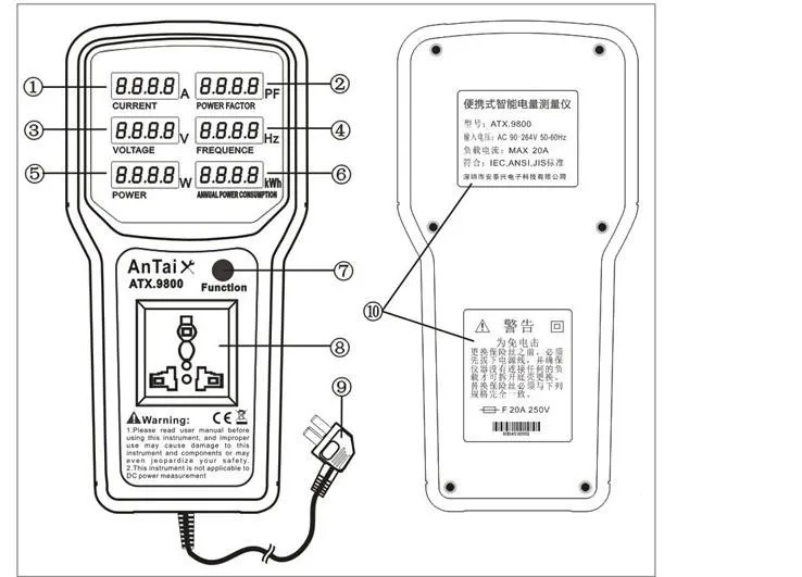 ATX9800 Мощность метр 4400 Вт 20A Электрический Мощность энергии монитор СВЕТОДИОДНЫЙ свет тестер гнездо Ватт метр анализатор