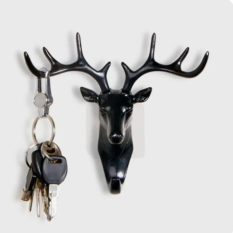 Black Deer Horn Wall Hanging Hook 3D Elk Head Hanger Rack Home Wall Decor Bag Keys Sticky Holder