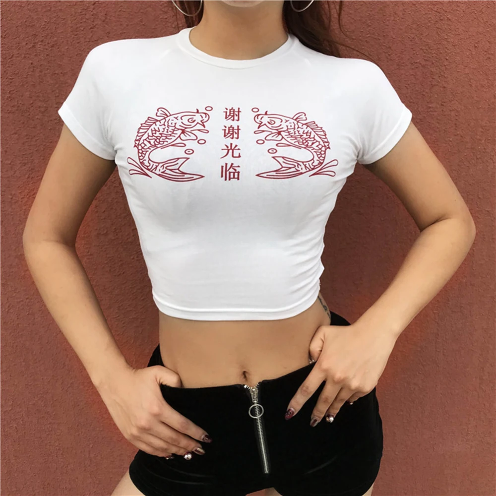 

Female T-shirt 2019 Summer Print Tops Slim t shirt Women's White tshirt Short Exposed Navel Sexy Casual Top Tee