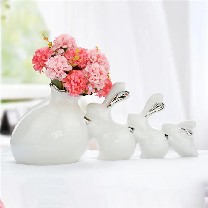 Творчески Гостиная Керамика Украшения 3-кролики фигурки и миниатюры предметы домашней мебели свадебные подарки - Цвет: rabbit pink flower