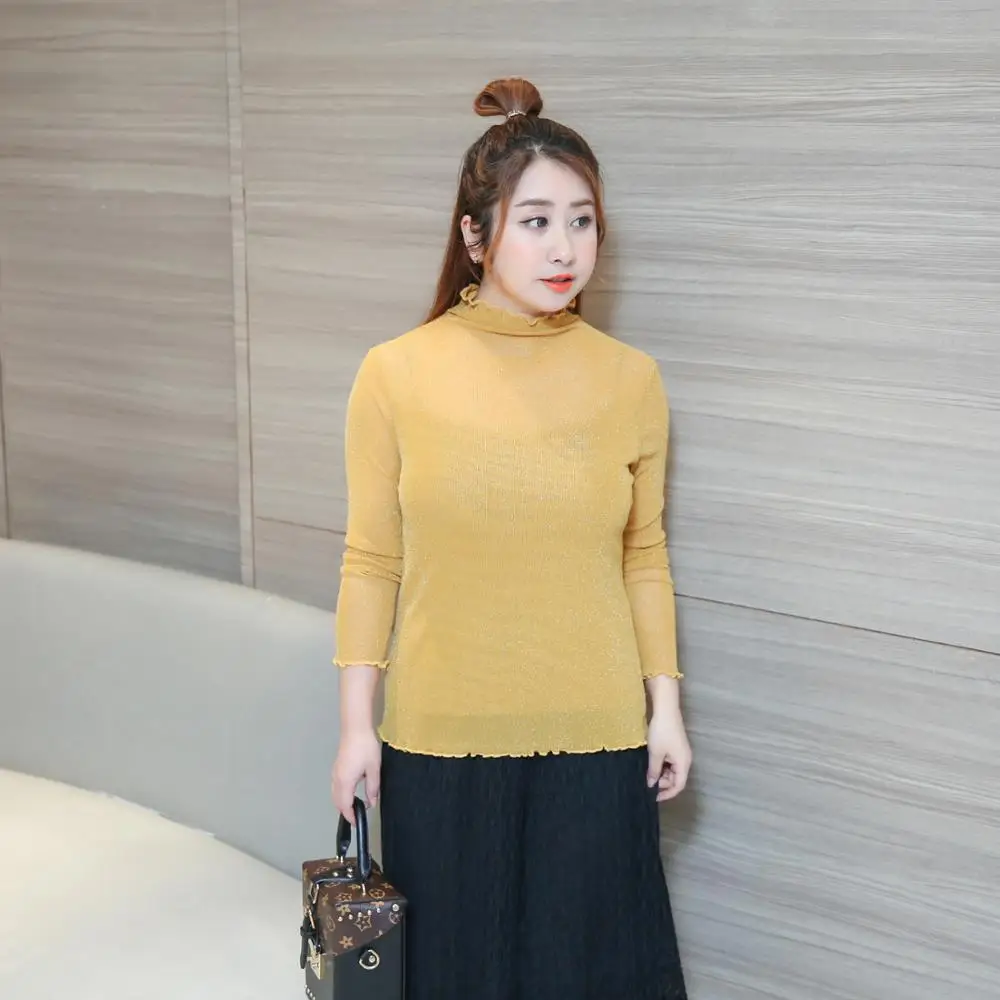MINSUNDA Plus Size Bright Silk Mesh Sexy T-Shirt Scallop Trim Stretchy Tee Women Long Sleeve Casual Ladies Elegant Basic T-shirt | Женская