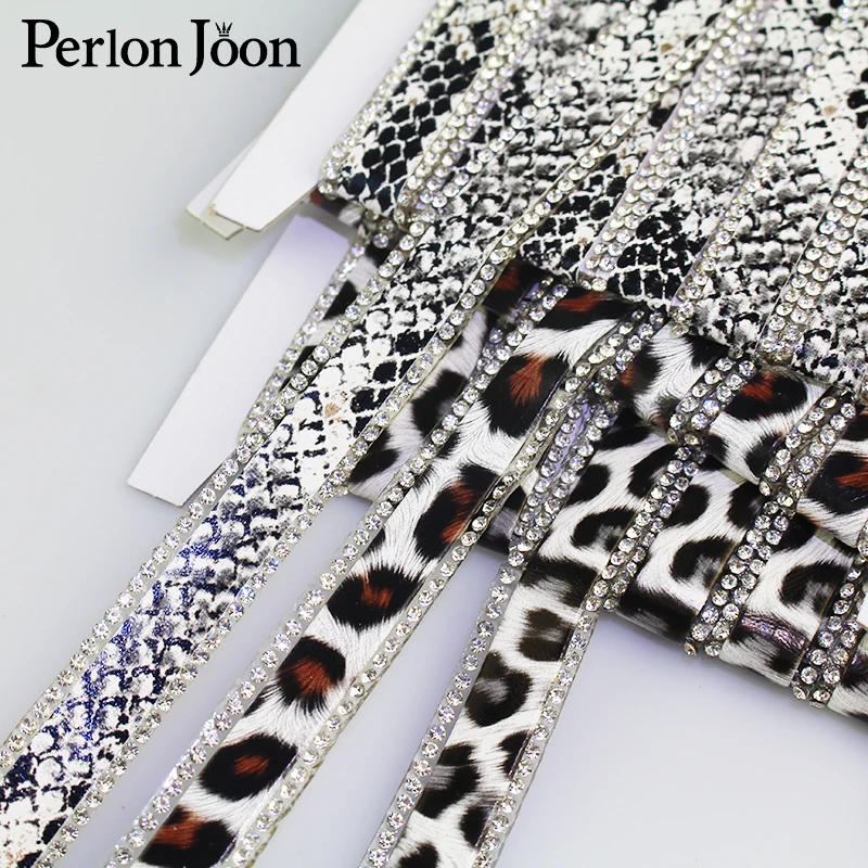 

1 yard Leopard Python printing Leather hot fix tape ribbon crystal rhinestone decoration iron on shoes clothing accessories