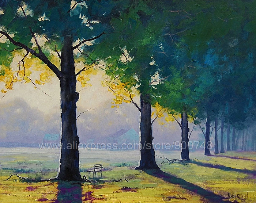 

Huge oil paintingPark Chair Painting Commissioned Green Trees Morning Light Landscape Home Decor Wall Painting Hand Pain