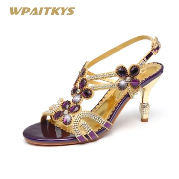 

Purple Golden Ladies Rhinestone High Heels Elegant Temperament High-End Diamond Coarse High-heeled Shoes Woman Wedding Banquet