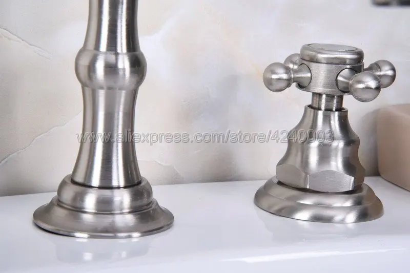Brushed Nickel Widespread Basin Faucet Dual Handle Bathroom Sink Mixer Tap 3 Holes Hot and Cold Water Lavatory Sink Taps Kbn012