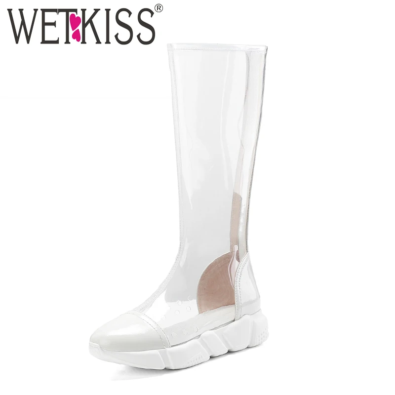 

WETKISS Leather Knee High Boots Women Square Toe Footwear Med Heels Boots Female Transparent Pvc Platform Shoes Woman Spring