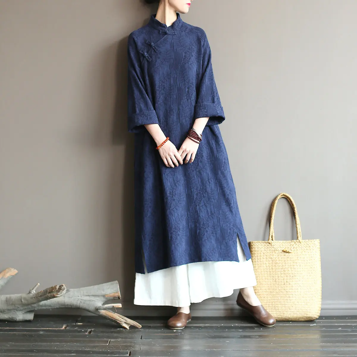 

Johnature New 2019 Spring Vintage Plate Buckle Solid Color Cotton Linen Robe Dresses Full Sleeve Stand Collar Women Dresses