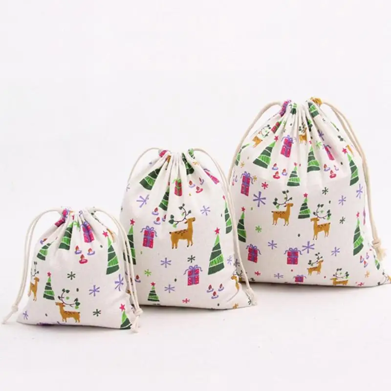 

Linen Christmas Gift Bag 1pc Christmas Candy Bag Santa Claus Drawstring Canvas Sack Tableware Rustic Vintage Stock