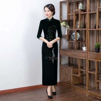 

Green Elegant Three Quarter Sleeve Qipao Oriental Women Velvet Daily Dress Gown Big Size 3XL 4XL Print Traditional Cheongsam