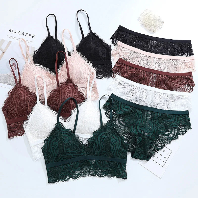 

Full lace wire free comfortable sexy sleepwear bra with pad transparent panties ultrathin underwear set Embroidery Lingerie suit