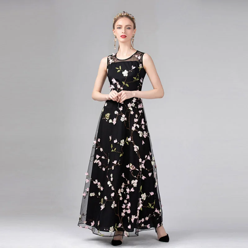 Hoge Kwaliteit Nieuwe Designer vrouwen Jurk Elegante Zware Werk Borduren Bloemen Ronde Hals Verbazingwekkende Mouwloze Riem Vrouwelijke Jurken Hoge Kwaliteit Nieuwe Designer vrouwen Jurk Elegante Zware Werk Borduren Bloemen Ronde Hals Verbazingwekkende Mouwloze Riem Vrouwelijke Jurken