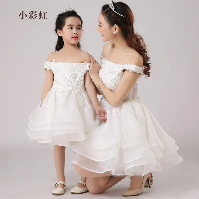 Women Kids Mother Daughter Wedding Dress Off Shoulder White Mom and Daughter Tutu Dress Performance Clothing Family Outfits Look