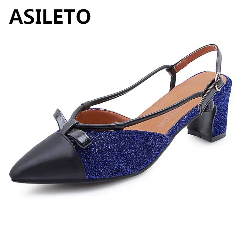 

ASILETO women's thick high heels sandals spring summer shoes sequined patchwork ankle strap sandalias bowtie footwear zapatos