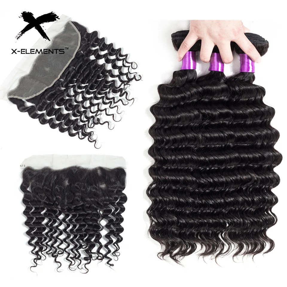 X-Elements Malaysian Deep Wave Hair with Frontal Non Remy Hair Weave with Lace Frontal 100% Human Hair Bundles with 13x4 Frontal (3)