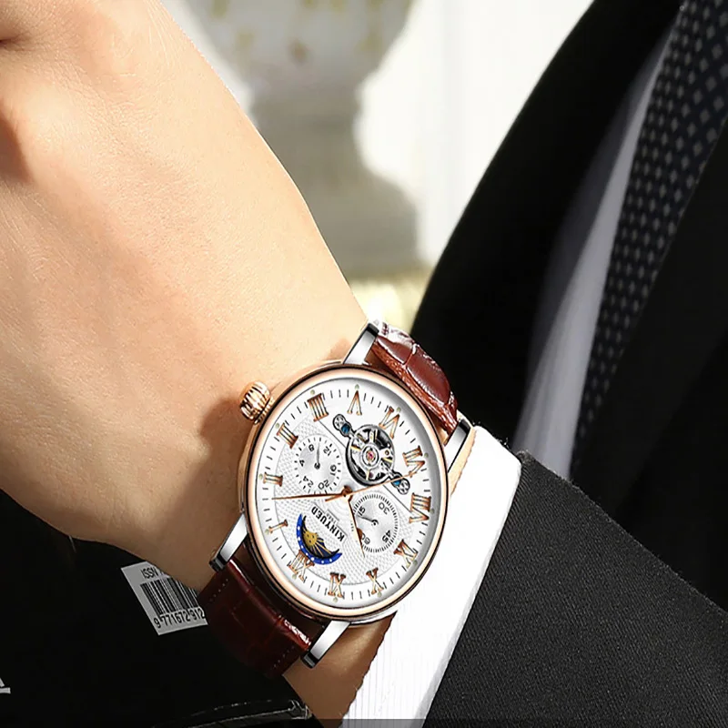 KINYUED Chronograph Automatic Watch Men Moon Phase Mechanical Skeleton Flying Tourbillon Watches montre homme erkek kol saati