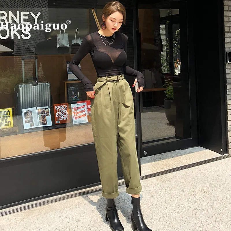 Military-Pants Two-Piece-Set Casual-Top Black Green Women O-Neck And Autumn Harajuku Military-Pants Two-Piece-Set Casual-Top Black Green Women O-Neck And Autumn Harajuku