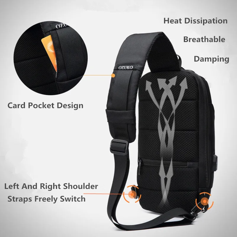 OZUKO новая многофункциональная сумка через плечо для мужчин, противоугонная сумка через плечо, Мужская водонепроницаемая короткая сумка на грудь