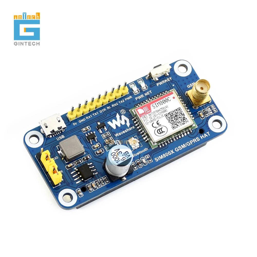 

Raspberry Pi SIM800C GSM/GPRS HAT Expansion Board 2G Internet SMS Bluetooth