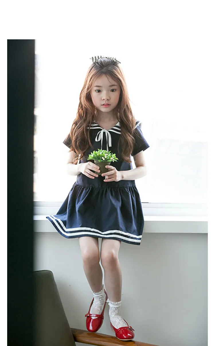 Summer Teen Girls Short Sleeves Cotton Dress Korean Kids Sailor Collar School Clothes Girls Preppy Style Children Clothing- HTB1mygXPVXXXXaqXFXXq6xXFXXXp