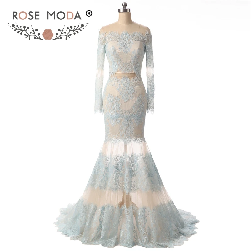 Rose Moda Twee Stukken Kant Avondjurk Crop Top Lange Mouwen Mermaid Avondjurken Zien Door Rok Rose Moda Twee Stukken Kant Avondjurk Crop Top Lange Mouwen Mermaid Avondjurken Zien Door Rok