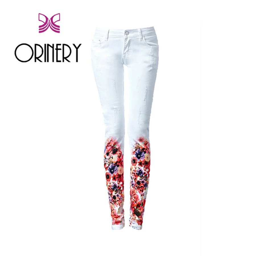 ORINERY Лидер продаж цветочные печатных джинсы женские 2018 дизайнер белый Тощий Рваные джинсы эластичные брюки карандаш длинные брюки