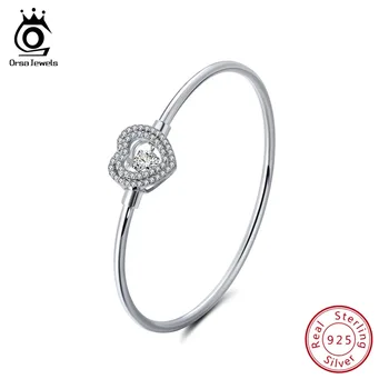 

ORSA JEWELS Genuine 925 Sterling Silver Bracelets For Women Romantic Heart Shape AAA Cubic Zircon Fashion Bangle Jewelry SB08