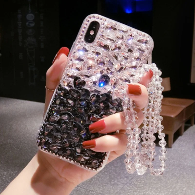 

For iPhone XR XS Max Luxury Sparkle Bling Diamond Case For Samsung Galaxy Note 8 9 S9 Plus TPU Back Cover Cap With Pearl Lanyard