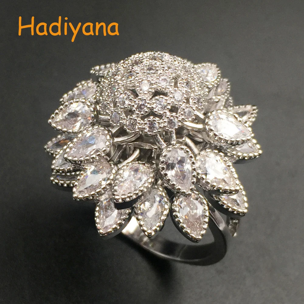 

HADIYANA Shinning Cubic Zirconia Tree Leaf Shape Plenty Drop Stone Hanging Luxury Finger Ring for Women Wedding Prom Party CP438