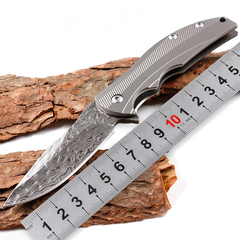 Folding knife damascus + titanium handle pocket knife ball bearing travel outdoor camping hunting knife EDC tool