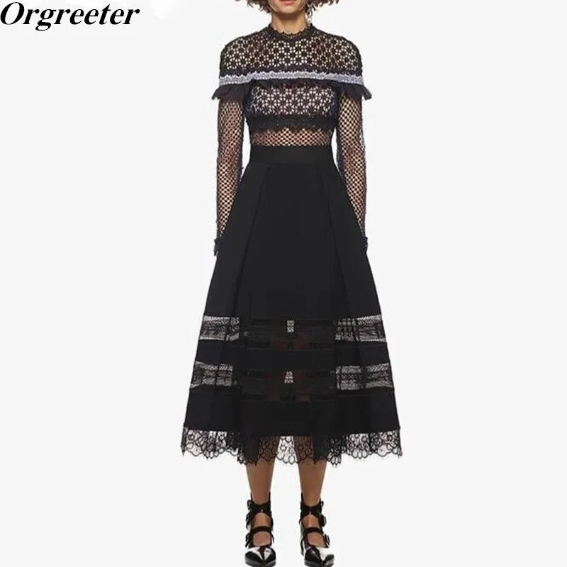 Orgreeter High end Custom Women Runway High Waist Lace Patchwork Dress Embroidery Ruffles Long