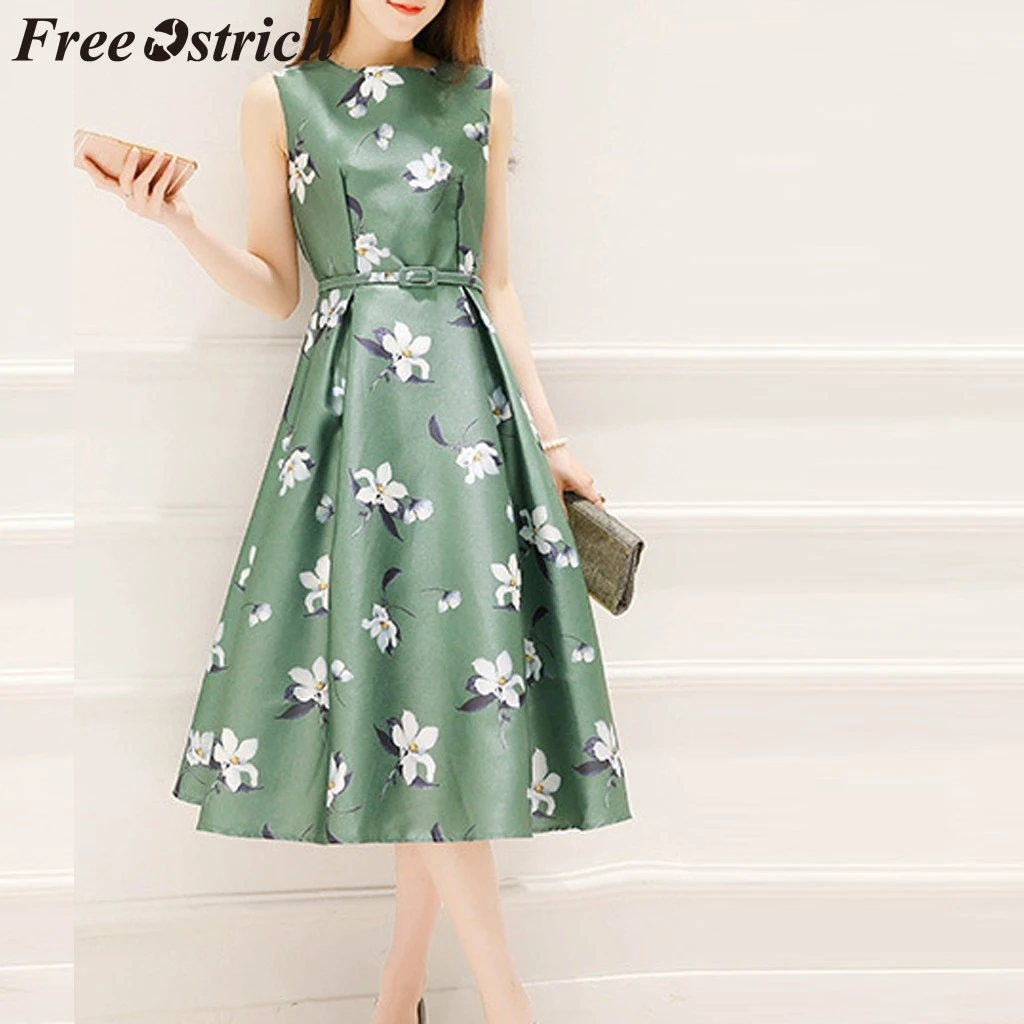 

FREE OSTRICH Dress Women Sleeveless Print Belt O-Neck A-Line Mid-Calf Cute Green Current Elegant Graceful Long Dress Summer