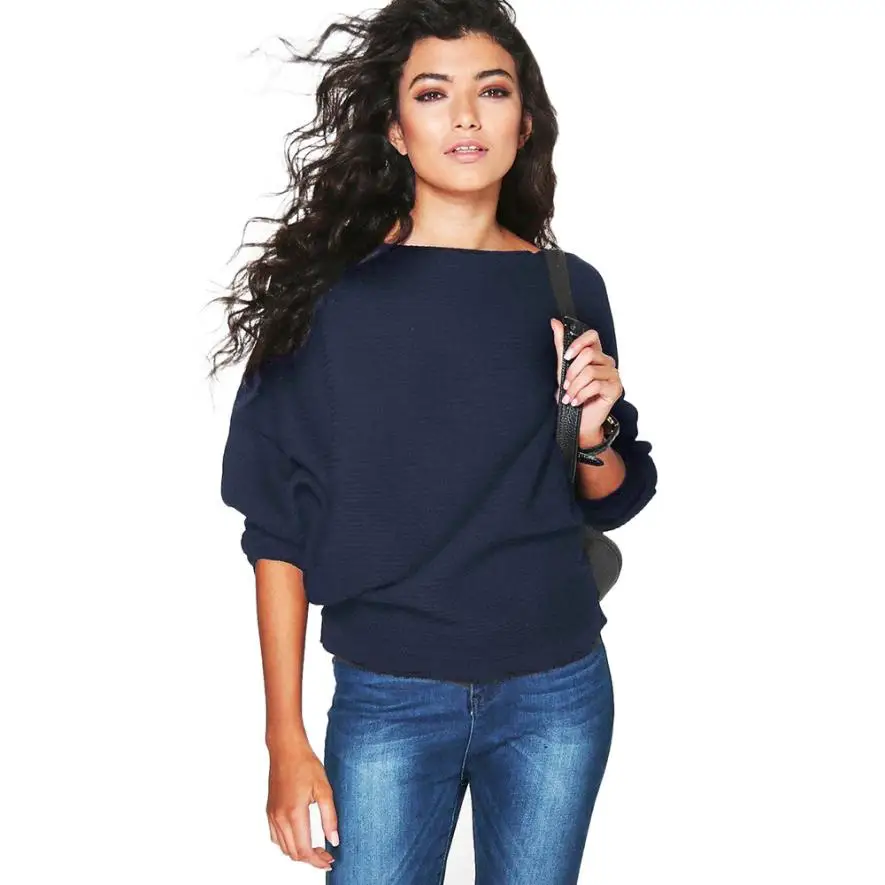 KANCOOLD Women Batwing Sleeve Knitted Pullover Loose Navy blue Sweater