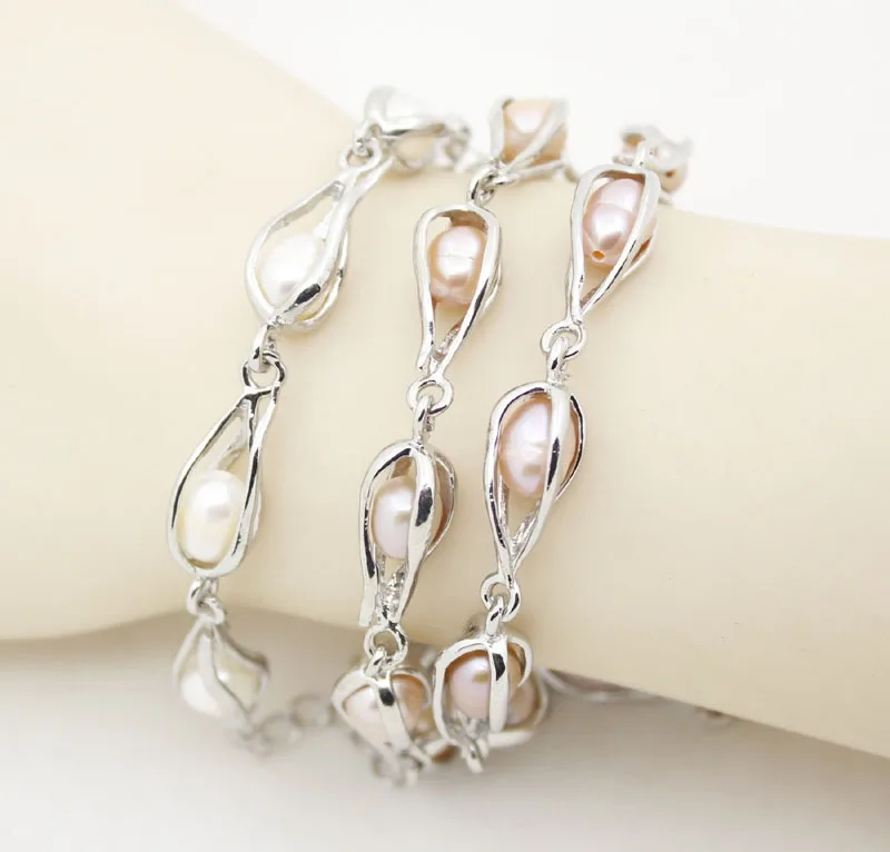 

Natural White Pink Lilac Rice Pearl Stone 7X8mm Handmade Metal Bracelet 7.5"Long