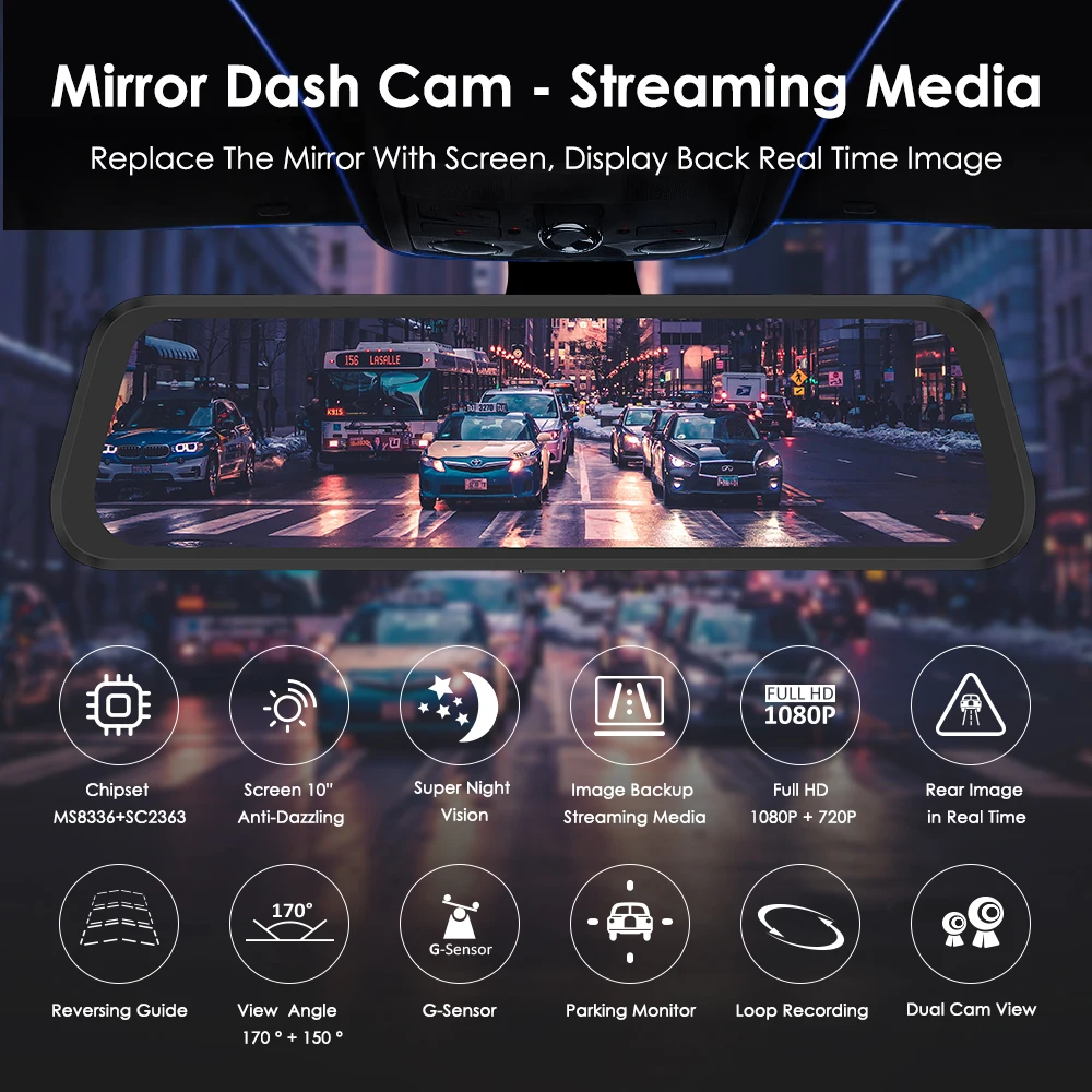 

1080P 720P 10" Mirror Full Dual Lens Car camera recorder DVR Car Dash Cam Streaming Media Night Vision G-Sensor loop recording