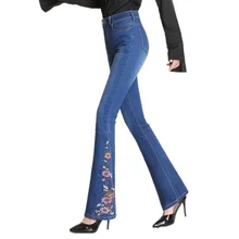 Осень и зима новая вышивка с высокой талией микро-роговые Джинсы женские плюс бархатные толстые брюки тонкие прямые широкие брюки