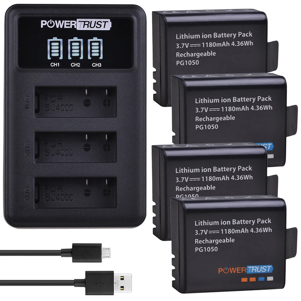 Billige 4Pcs 1180mAh PG1050 Batterie + LED 3Slots USB Ladegerät Für SJCAM SJ4000 M10 SJ5000 SJ5000X Für EKEN h9 H9R H8R H8 GIT PG900
