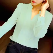 2016 Womens Long Sleeve White Chiffon Blouse Shirt Ladies Green Pink White Elegant Sexy V Neck