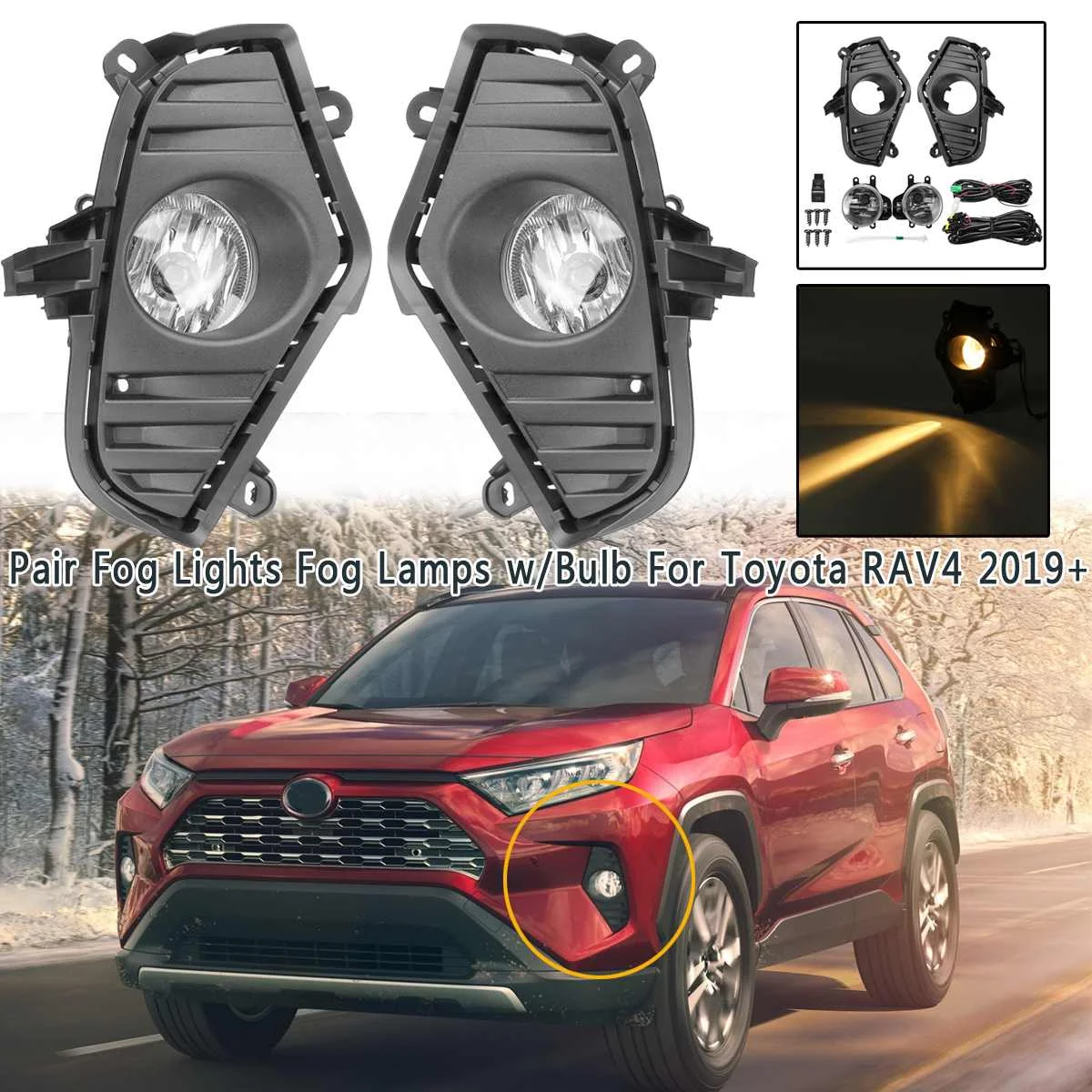 

Pair Front Bumper Fog Light Direct Replacement Aftermarket Driving Lamp w/Bulbs w/ Harness Switch For Toyota RAV4 2019+