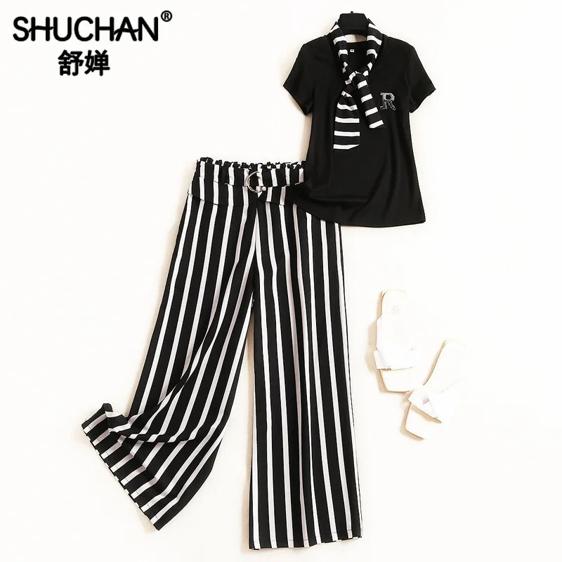 

Shuchan Ensemble Femme Deux Pieces 2 Piece Set Women Tops+ Ankle-Length Pants Striped Women Clothing Set for Summer 11305