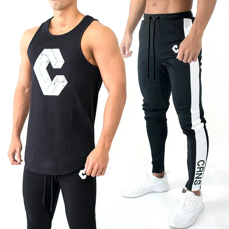 

Spring Summer Set Men's Fashion Minimal Sportswear Tracksuits Sets Men's Bodybuilding Tank Top + Sweatpants casual Two-piece set
