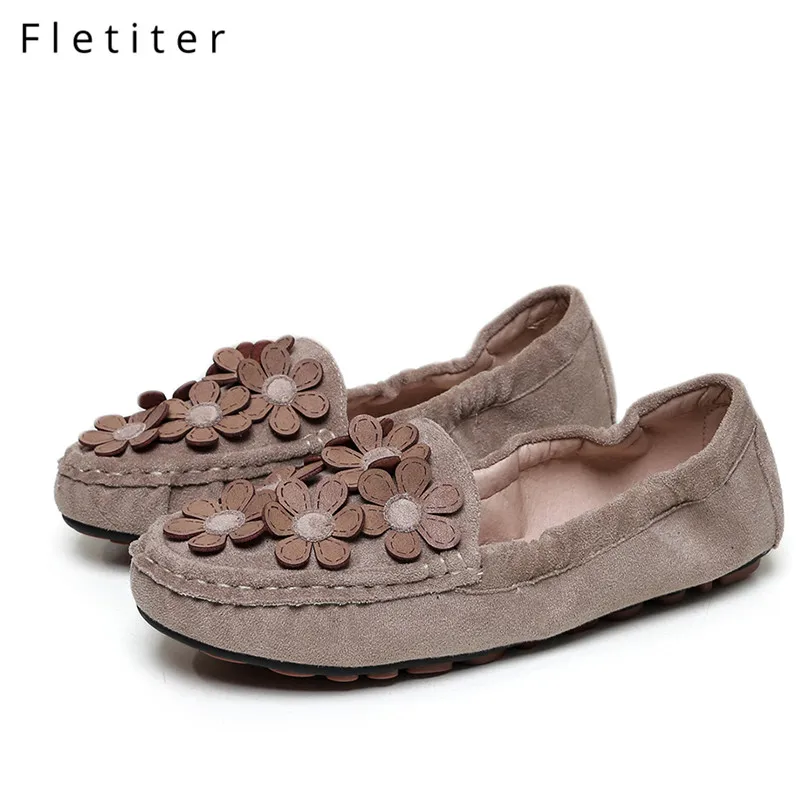 

Fletiter shoes women Pregnant Flower Loafers Leather Ballerina ballet flats Round toe ladies Autumn fashion shoe big size 42
