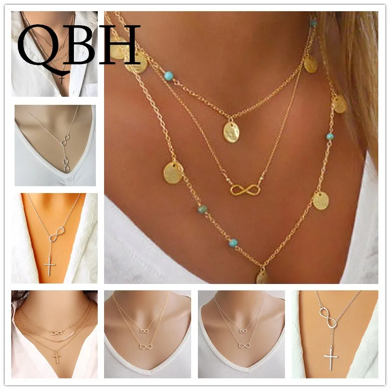 

New Style Multilayers Minimalist Short Chain Tassel Clavicle Necklace Infinity Lucky 8 Cross Pendant Necklaces For Women Jewelry