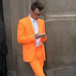 Модные Bringht оранжевый цвет для мужчин костюм Slim Fit костюмы на одной пуговице повседневное Офис Блейзер Вечеринка смокинги для женихов куртк