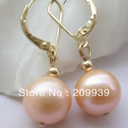 

hj 00152 11mm pink round freshwater pearl dangle earring 14k/20